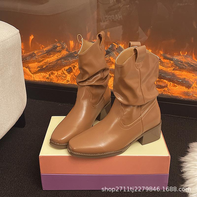 Dámské boty Martin 2025 Nové Podzimní Retro Úzké Všestranné Vysoký podpatek Malé Krátké Boty Westernové Kovbojské Boty Hromada