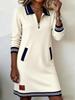 2026 Women's Casual Color Block Lapel Zipper Dress with Pockets