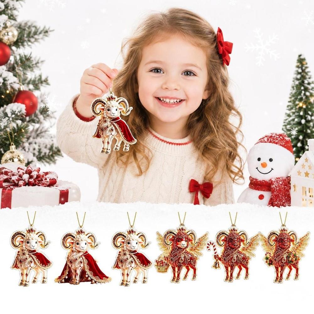 New 2D Flat Goat Hanging Ornament Set Acrylic Artificial Rhinestone Goat Pendant Simulation Shining Keychain Holiday Party Decor