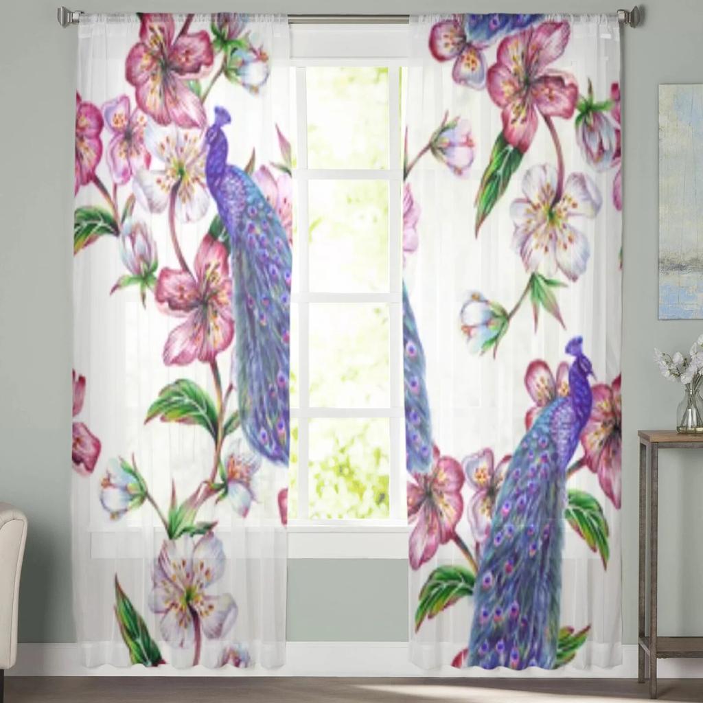 Påfågel Sakura Blommiga Skira Fönstergardiner För Vardagsrum Sovrum Moderna Voile Tyllgardiner Tyg Draperier För Kök