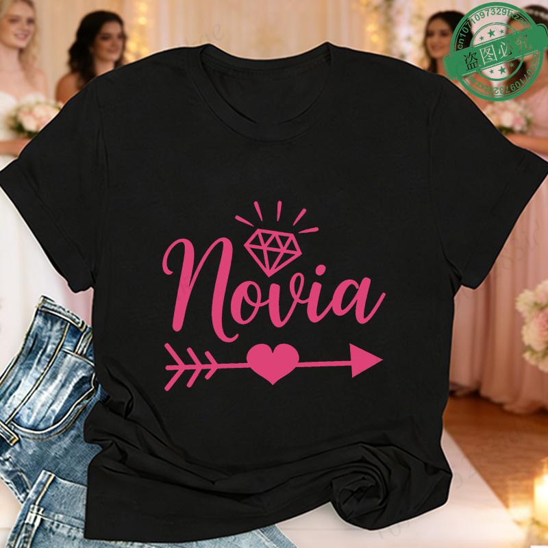 Tribu De La Novia Spanish Single Farewell Bachelorette Party T-shirts Short Sleeve O Neck Tops with Diamond Heart Arrow Graphic