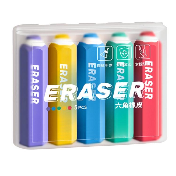 

5PCS Colorful Pencil Shape Erasers Ergonomic Hexagonal Shape Rubber Erasers Student School Supplies for Drawing Writing