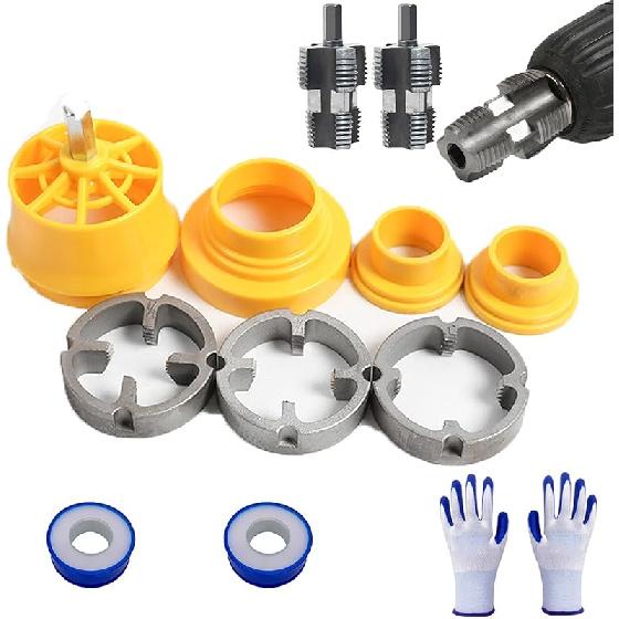 Electric Drill Compatible Pvc Pipe Threader Kit, 1/2'' 3/4'' 1'' Dies, Internal & External Threading Tool for Pvc Pipes, Plumbing Re-Threader Kit for