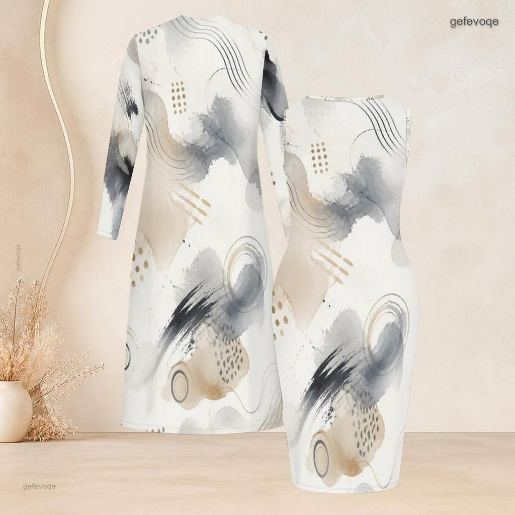 Women Plus Size Two Piece Set Abstract Printed Long Sleeve Open Front Cardigan Sleeveless Bodycon Dress