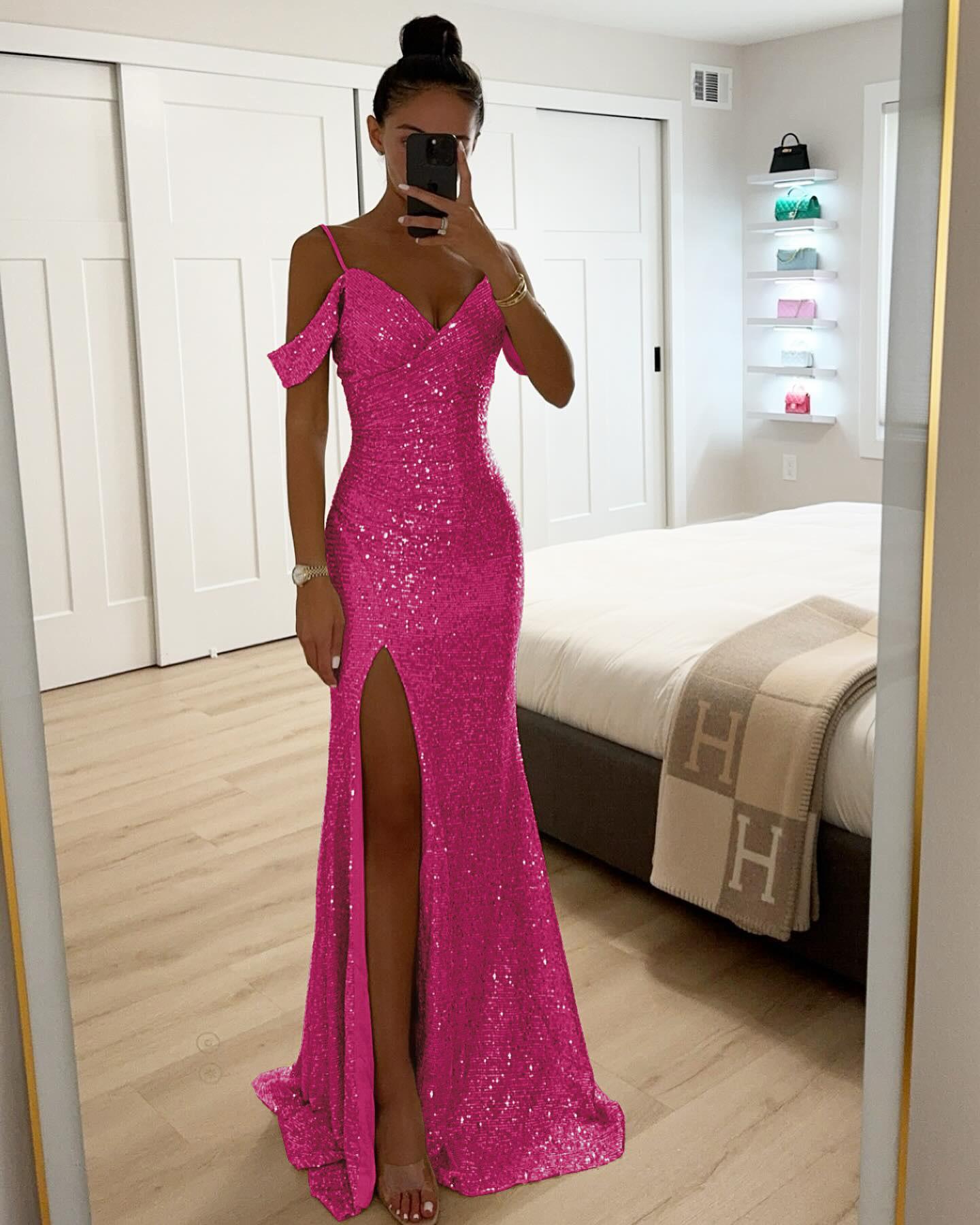 

Spring and Autumn new suspender sequined split dress, casual loose party dress XL рожевий червоний колір
