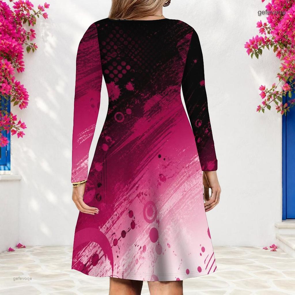 Women Plus Size V Neck Long Sleeve Abstract Swirl Printed A Line Dress