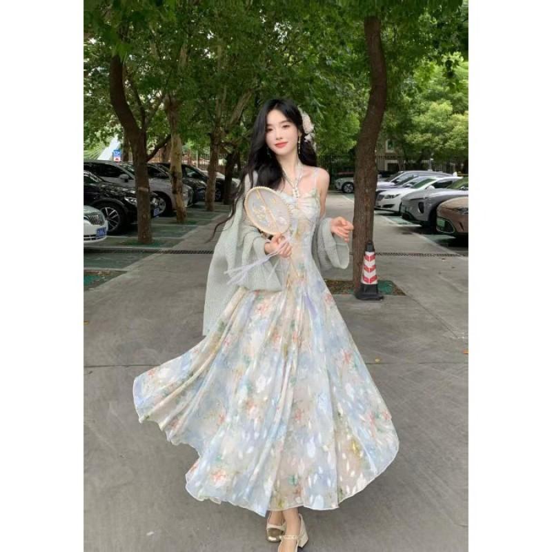 Elegant Vintage Oil Painting Print Sleeveless A-Line Midi Dress High Waist Slim Fit Womens Small