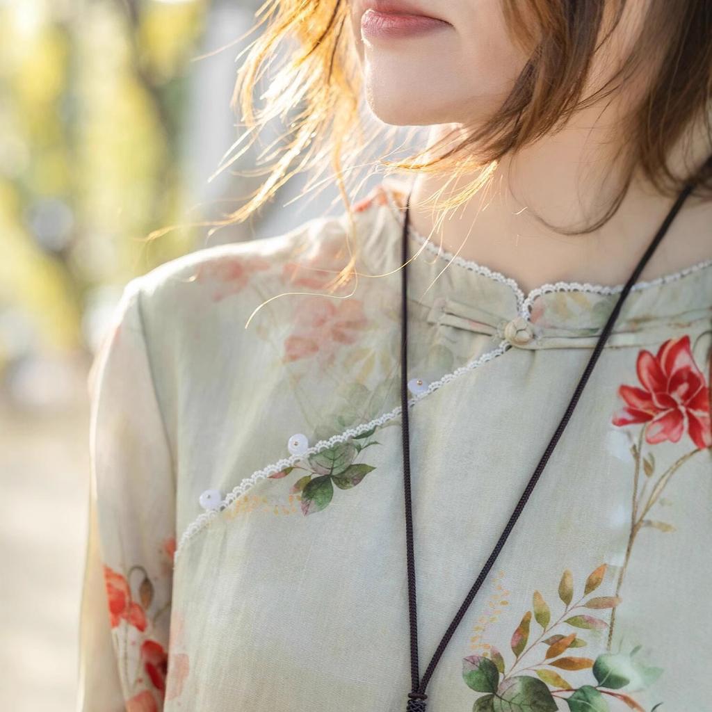 Light cotton and linen stand-up collar improved cheongsam dress for women, retro diagonal placket design printed short-sleeved skirt
