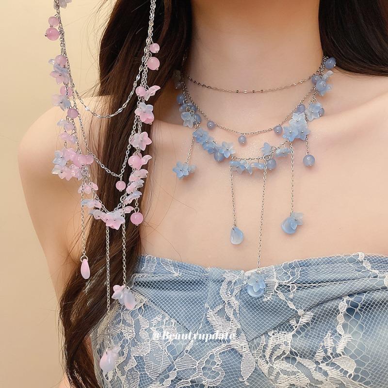Pure Desire Leader~ Stainless Steel Flower Tassel Necklace Super Fairy Beautiful Holiday Wind Clavicle Chain Unique Drifting Necklace