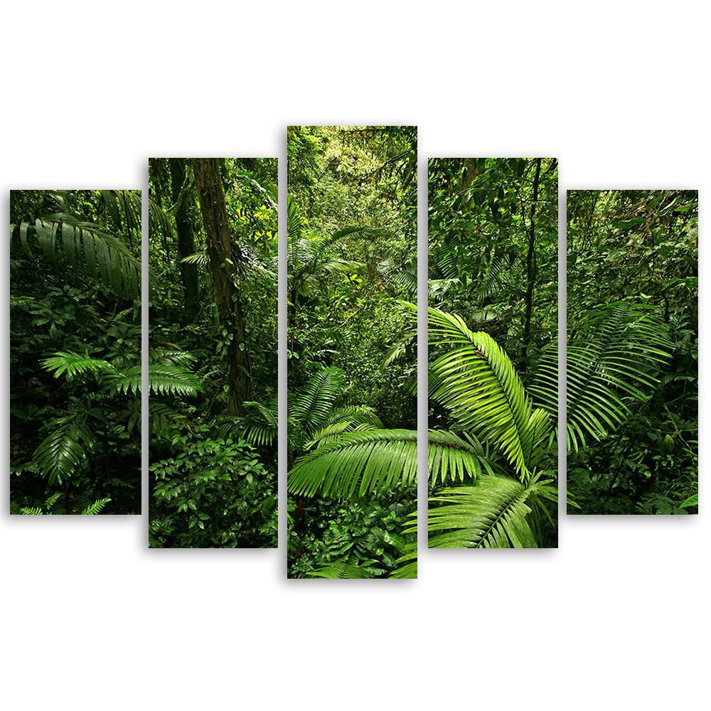 Five piece picture canvas print Green forest leaves
