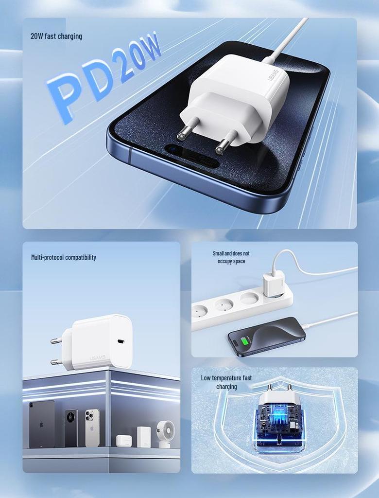 USAMS 20W PD Fast Charger Head with PD Cable for Apple 15, 9V/2.2A, European Standard