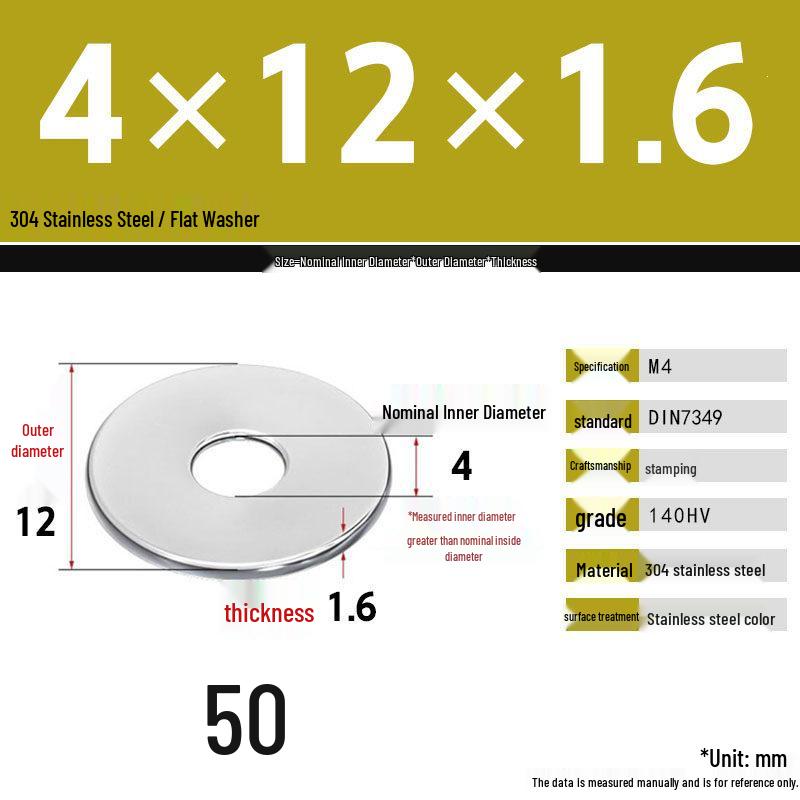 304 Stainless Steel Thickened Flat Washer Set, Sizes 2-36