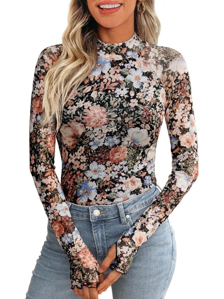Women's Floral Print Mesh Long Sleeve Top
