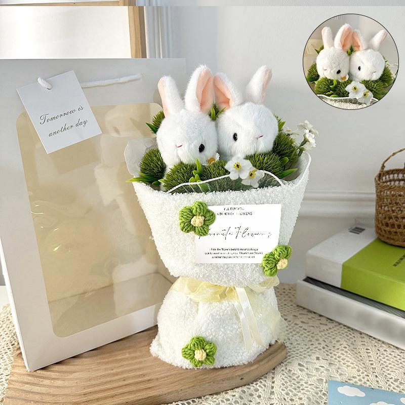 1PC Hand Bouquet Hand Knit Doll Eve Plush Creative Bouquet Rabbit Eating Grass