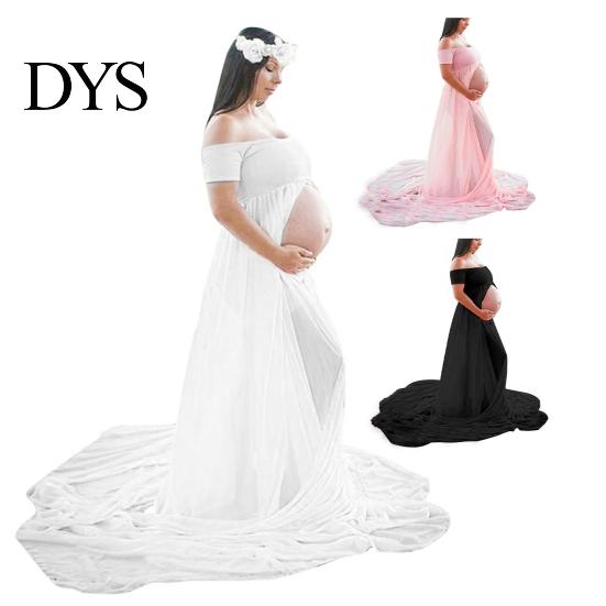 Pregnant Women Dress Solid Color Front Slit Leisure Wear Off Shoulder Floor-Length Princess Photo Props