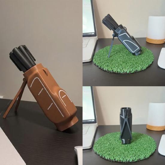 Golf Bag Pen Holder, 3D Printed Pencil Stand for Desk, Creative Golf Club Shape Organizer, Foldable Phone Stand for Office