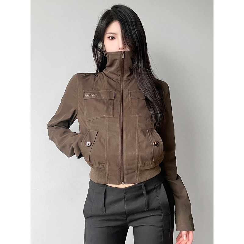 H Home European and American Women's Clothing Maillard Retro Pocket Zipper Workwear Short Jacket Sexy Slim Looking Stand Collar In Brown Jacket