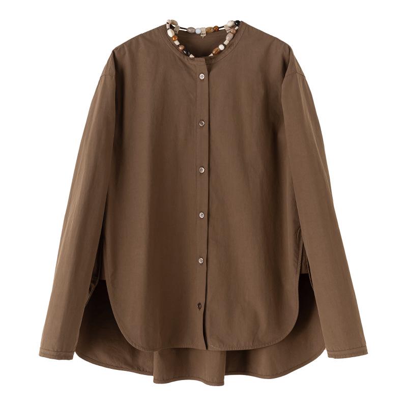 Xin Ge Cotton Loose Casual Long Sleeve Shirt with Beaded Collar