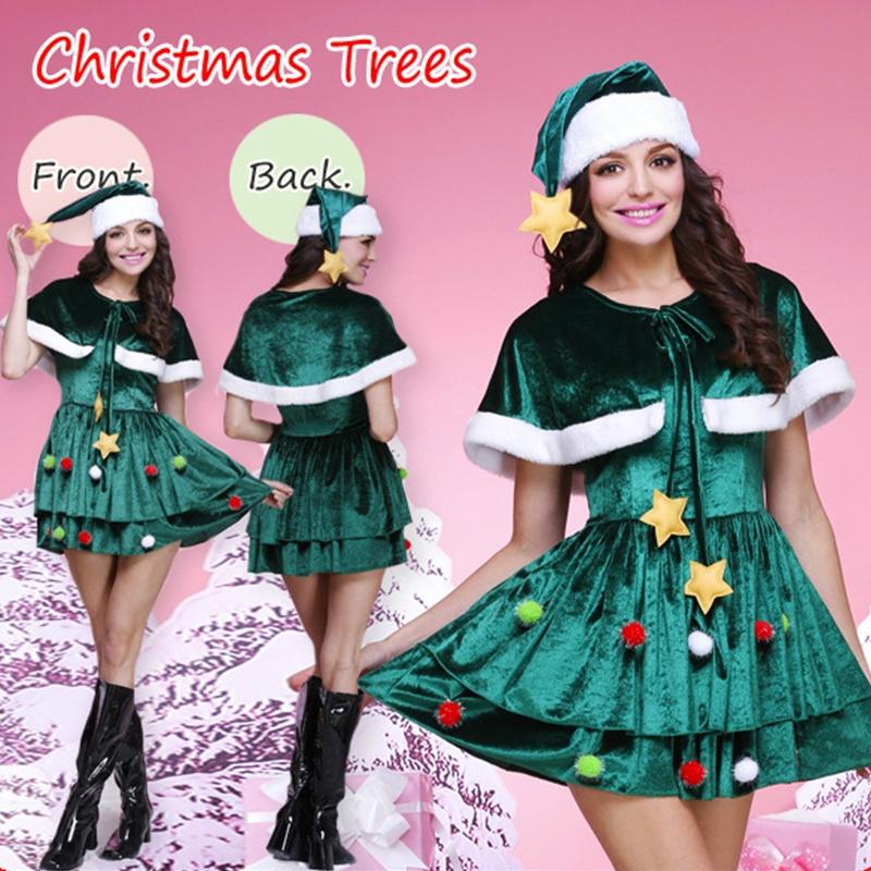 Luxury Xmas Velvet Women Christmas Tree Outfit Dress Cloak Hat Party Props Plus Size