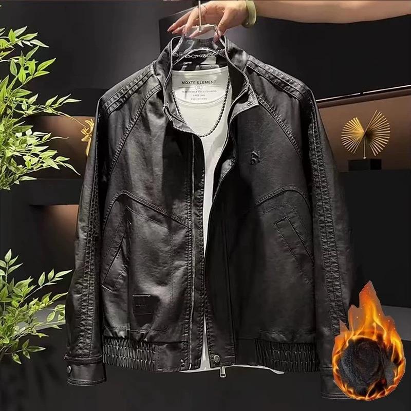 Jesenná a zimná pánska kožená bunda amerického retro štýlu s mikrovláknom a podšívkou z plyšu, s golierom stojáčikom, motorkárska bunda