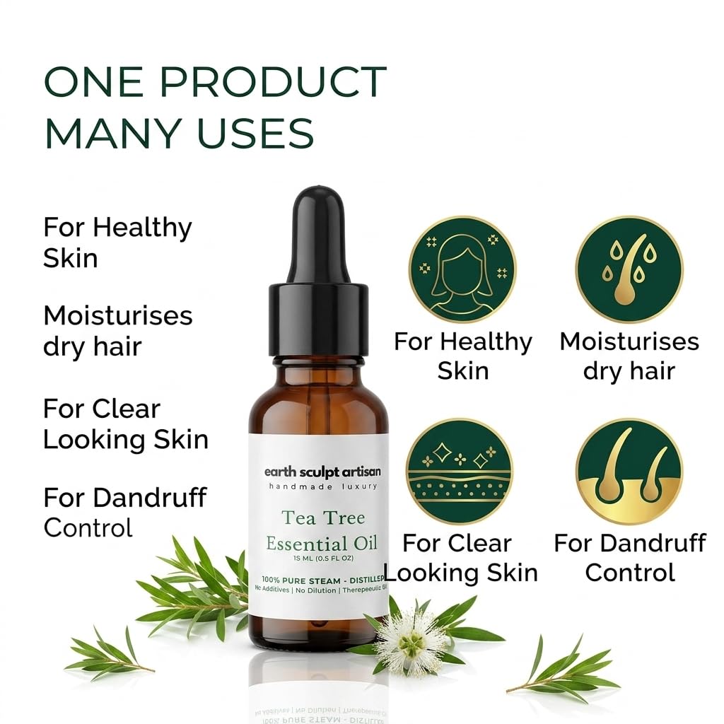Earth Sculpt Artisan Tea Tree Essential Oil | 100% Pure & Undiluted | For Dandruff, Itchy Scalp, Acne Spot Treatment, Beard Pimple Control | Anti