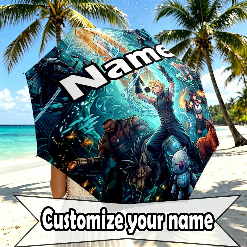 Custom Name Personalized Final Fantasy Print Umbrella, Auto Open Close, 8‑Rib Sturdy Frame, Commute Camping Hiking Use, Birthday Gift
