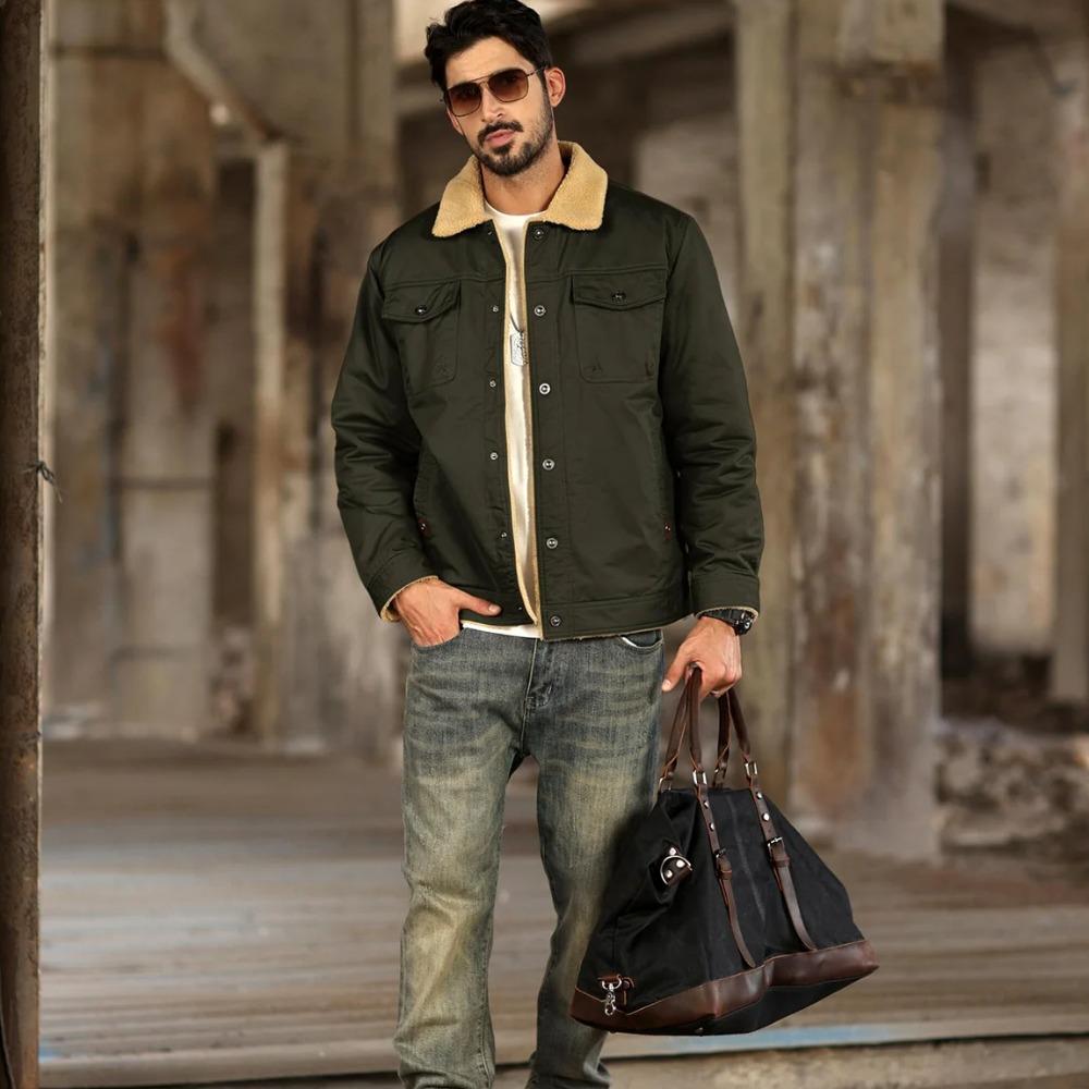 Umlegekragen Winter Baumwolljacken Herren Sherpa Fleece Trucker Parka Grün Arbeits Cargo Mäntel Kleidung Übermäntel