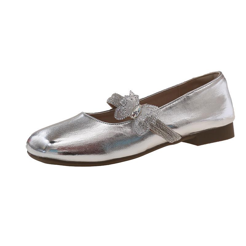 Silver Flat Bottom Square Head Mary Jane Single Shoes Women's Summer New Rhinestone Bow with Skirt Small Leather Shoes