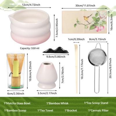 7pcs Pink Heart Decal Ceramic Matcha Set, Cute Matcha Set Includes Matcha Bowl, Matcha Whisk and Holder, Bamboo Scoop, Sifter