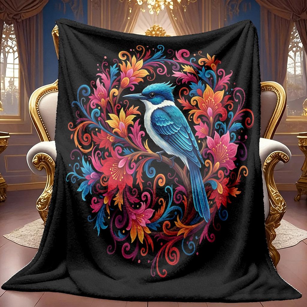 A Flannel Blanket Featuring a Vibrant 2D Design of a Blue and White Bird Surrounded by Flowers, with Soft High-definition Digital Printing. This Cooli