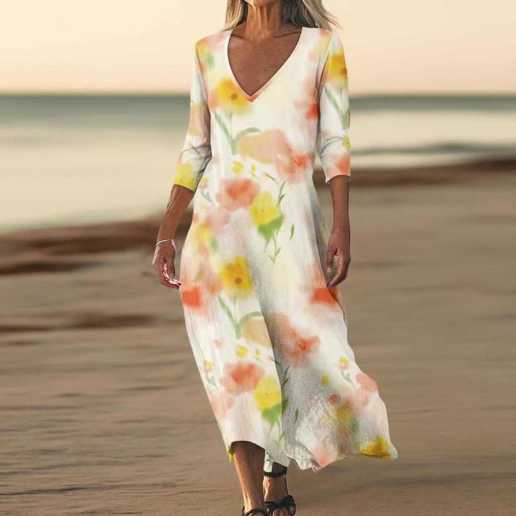 Dresses For Womens Vintage Print Tunic Waisted Midi Dress Summer Casual  3/4 Sleeve Dress