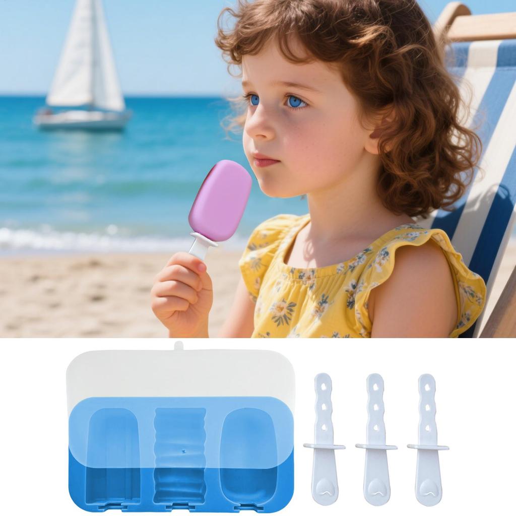 Homemade Ice Lolly Moulds 3-Cavity Ice Cream Mold Food Grade Silicone Ice Lattice Freezer Sticks Mould for Home Kitchen