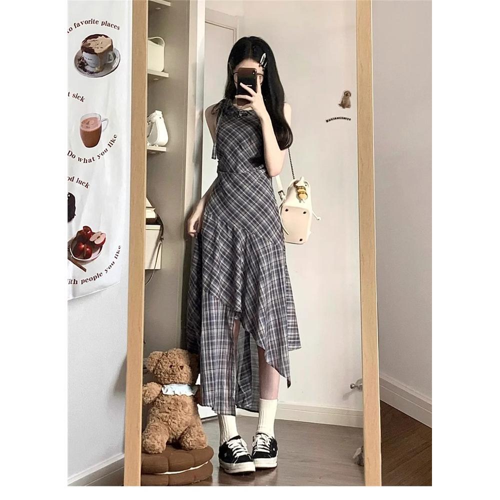 

Летнее клетчатое платье-жилет без рукавов, детское новое повседневное маленькое высококлассное нерегулярное длинное платье XL- (recommended 110-60kg)