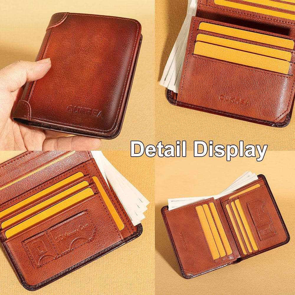 Men's Vintage Cowhide Wallet, RFID Protection Short Multi-Functional ID Card Credit Card Holder Top Layer Cowhide Money Bag 2 ID Card Windows