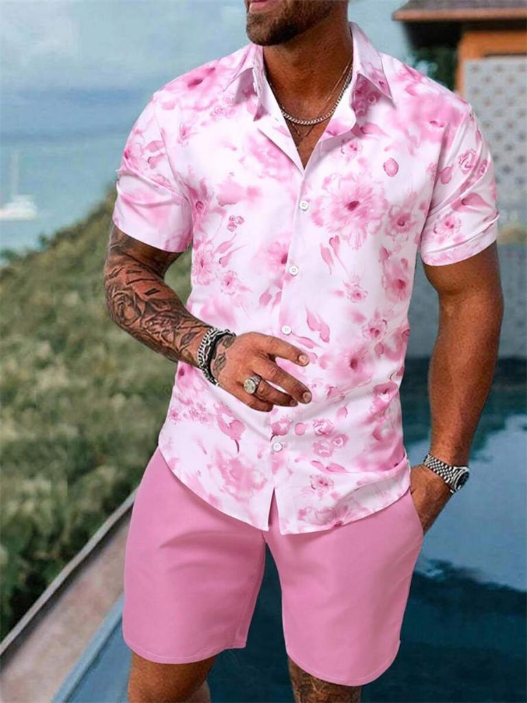 Men's Shirt Set Summer Striped Printed Short Sleeve Shirt Drawstring Shorts Casual Hawaiian Style Men's 2 Piece Home Large Size