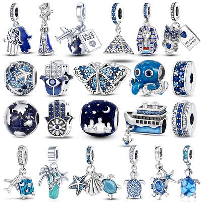 Ocean Blue Cz Bead 925 Stříbrná mořská želva Earth Owl Charm Fit Nový náramek Letní série náhrdelník s přívěskem