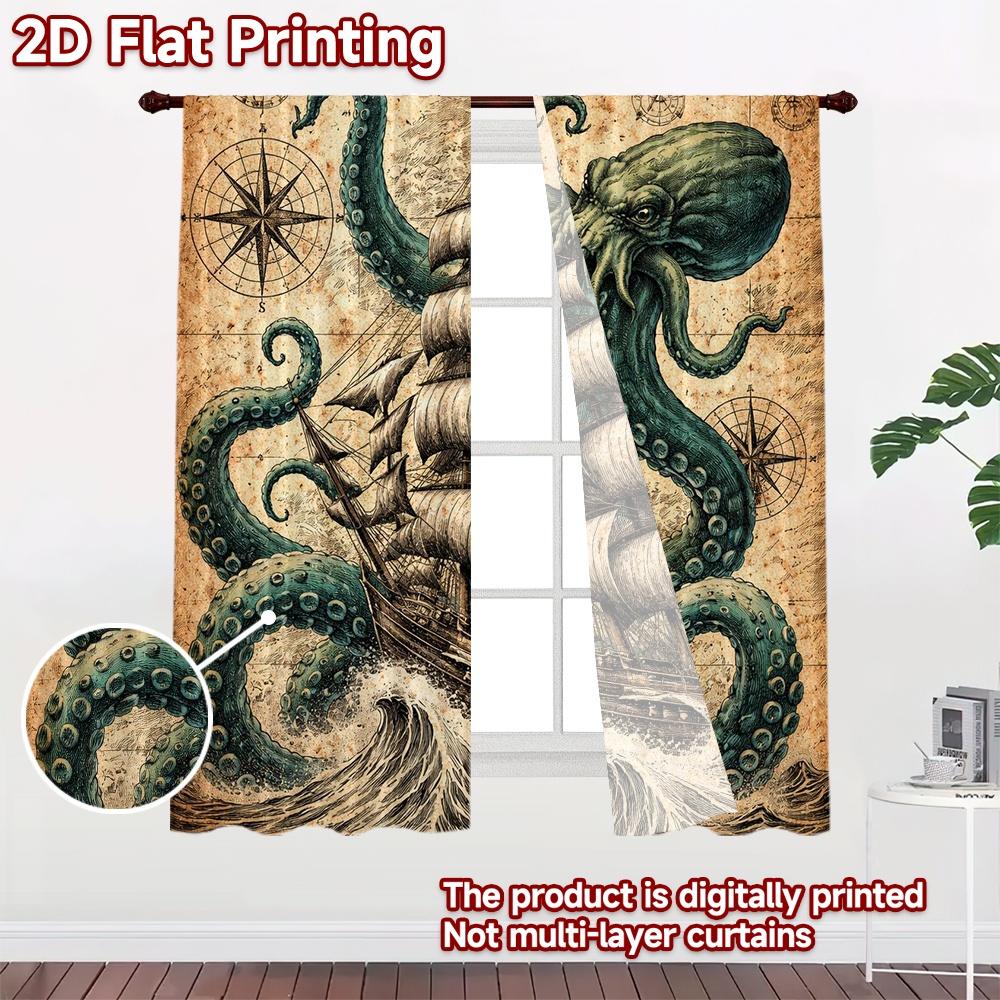 2D FLAT PRINTING 2pcs Curtains (Without Rod) Kraken Attacks Ship Modern Minimalist Curtains Machine Washable Fabric Curtains