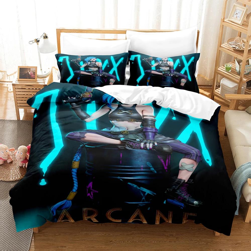 Arcane JinX Bedding Set 3D Anime Polyester Duvet Cover Sets Gift for Friends Queen King Size Bedding Sets Game Arcane Bedding