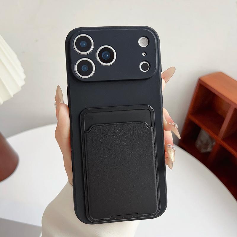 Simple Solid Color With Card Slot Phone Case  For Iphone 17 16 1 14 13 12 Pro Max TPU Store Card Photo Multifunctional Cover