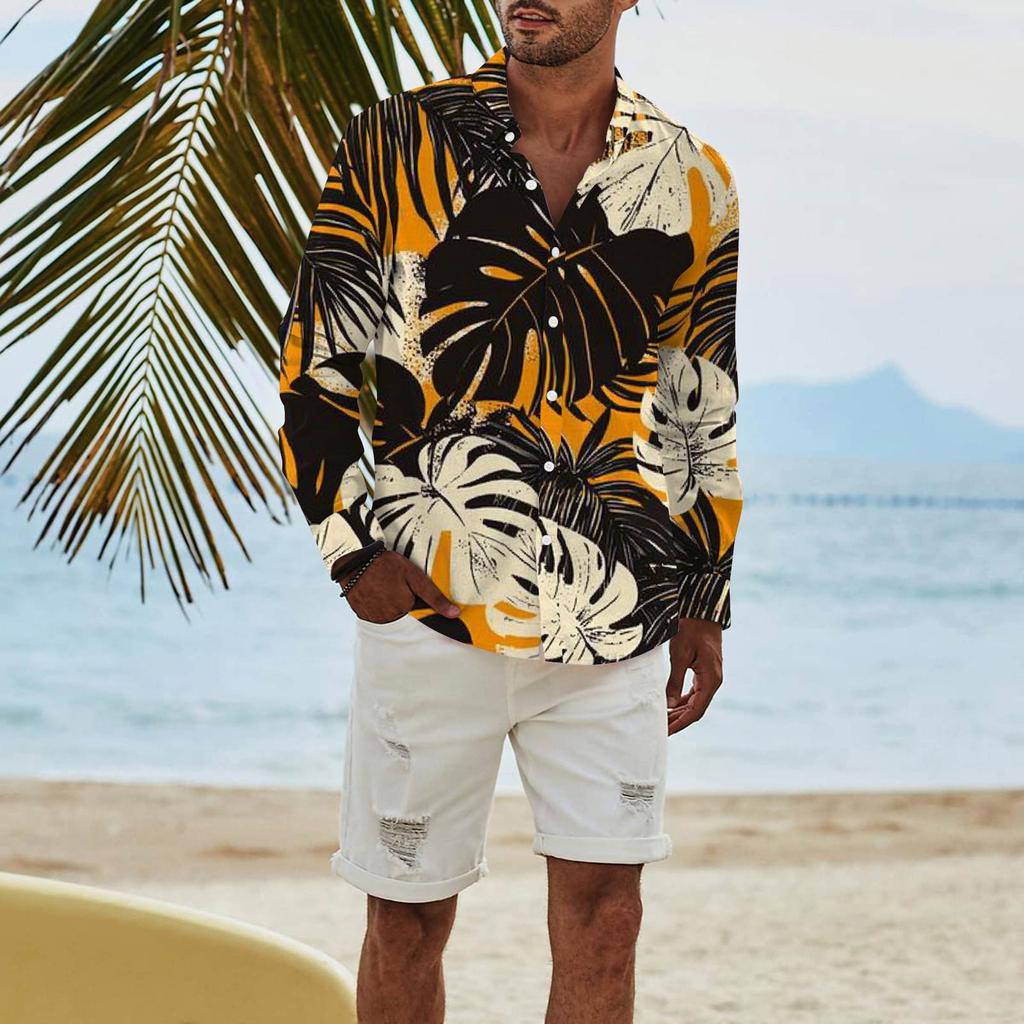 Men's Fashion Long Sleeve Printed Casual T Shirt Button Regular Fit Shirt Top