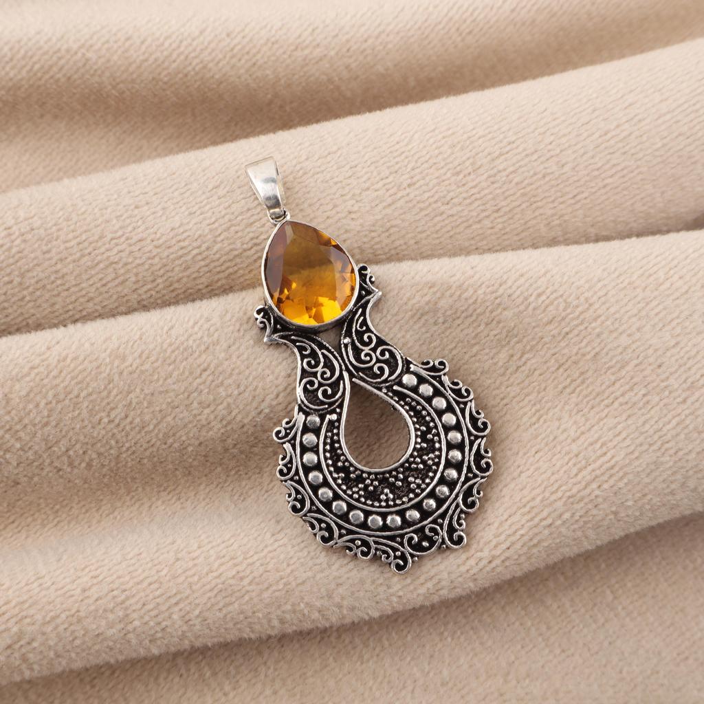 Citrine Gemstone 925 Sterling Silver Women Jewelry Pretty Oxidize Pendant 1.8" For Mother/Wife CP-45-6