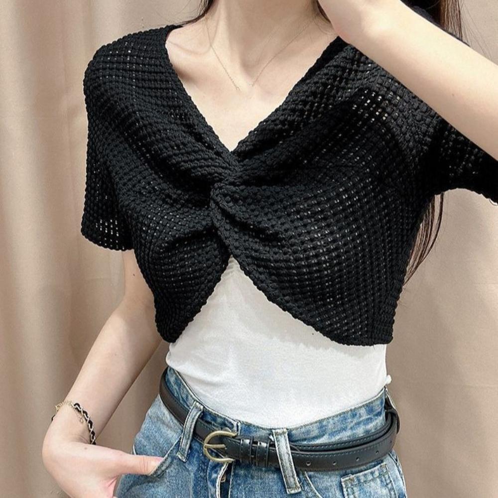 Short Sleeve Mesh Knitted Pullover Top V-neck Sun Protection Shawl T Shirt Beach