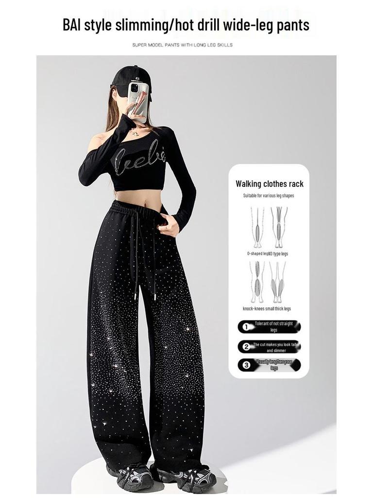 2026 Spring/Summer Women's Starry Sky Wide-Leg Pants with Rhinestones