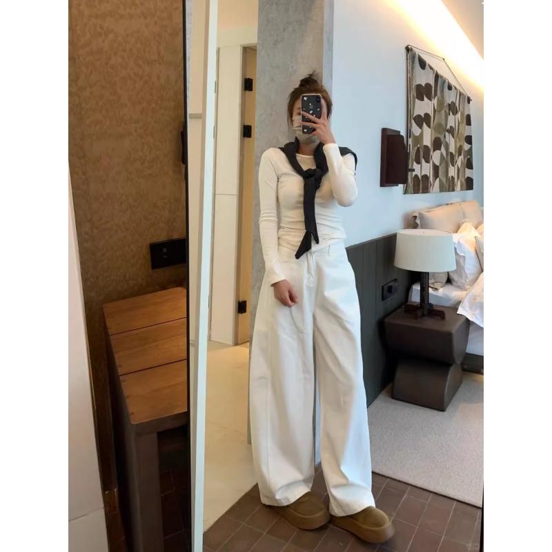 Bílé Široké Džíny Cutlass Dámské Jarní Volné Rovné Dlouhé Džínové Kalhoty Ležérní Streetwear Kalhoty Stylu Y2K