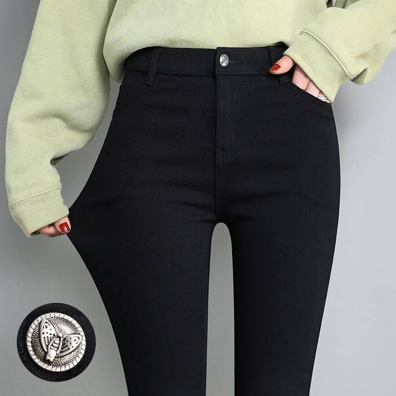 Black High-Waist Stretch Leggings for Women, Plus Size, Fleece-Lined, Slim-Fit Spring/Autumn.