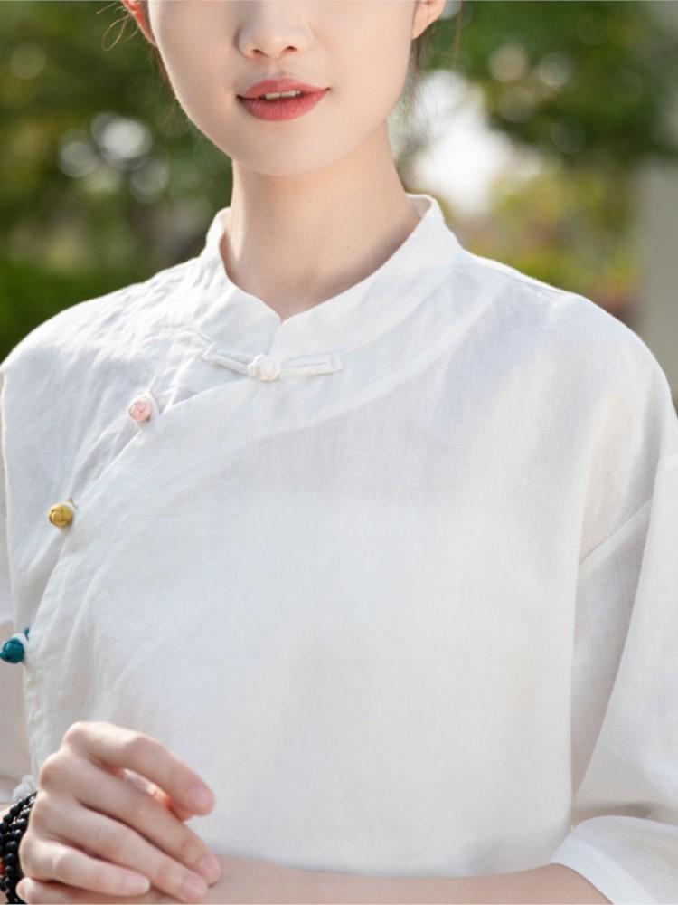 Johnature Women Chinese Style Shirts Tops Solid Color Button Short Sleeve Stand Blouses Summer Vintage Shirts