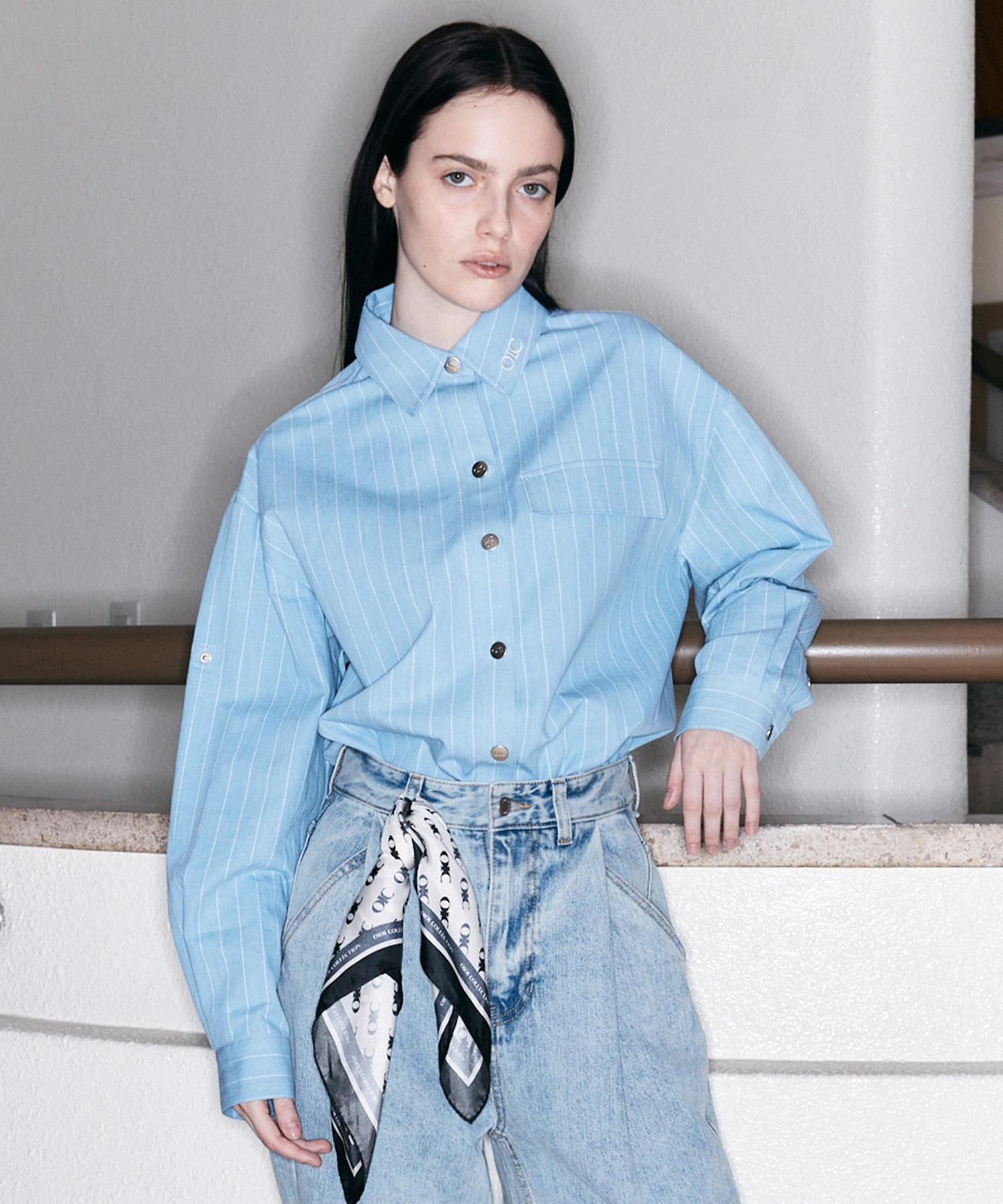 Oioi Collection Snap Oversized Striped Shirt [Sky Blue] S