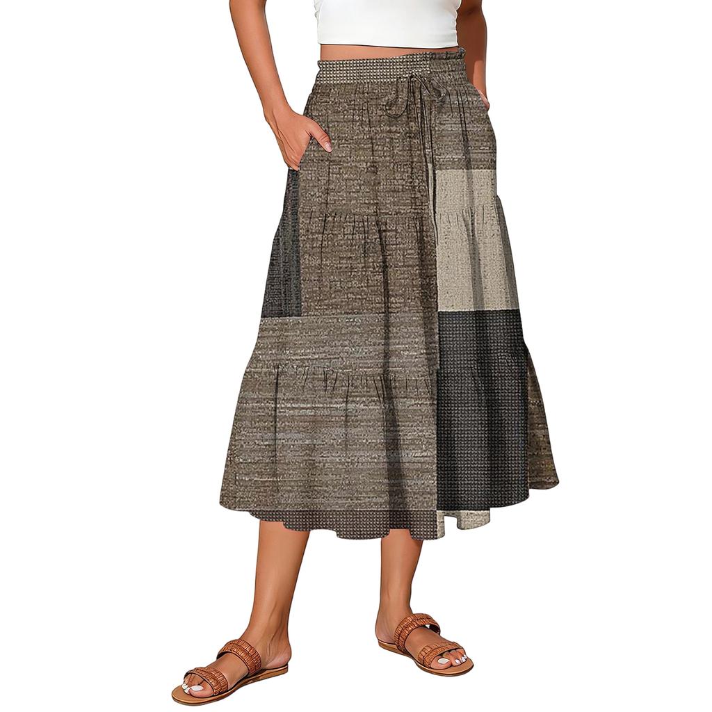 Ladies' Plaid Printed Casual Elastic Waist Drawstring Skirt