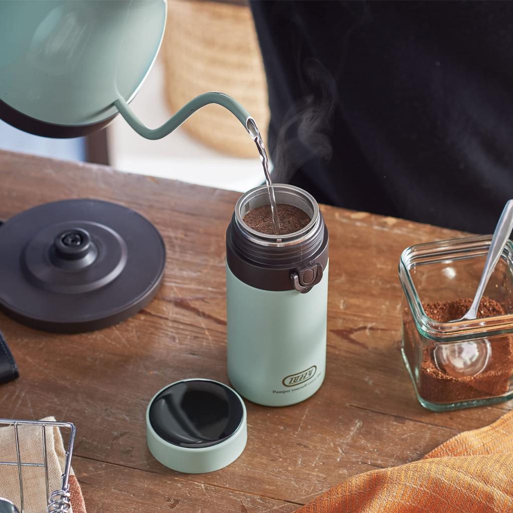 Toffy Portable Brew Bottle K-CC3 (Pale Aqua) Vacuum Insulated Bottle with Dripper, ImmersionPermeable CoffeeTea, Includes Filter, Keeps Freshly