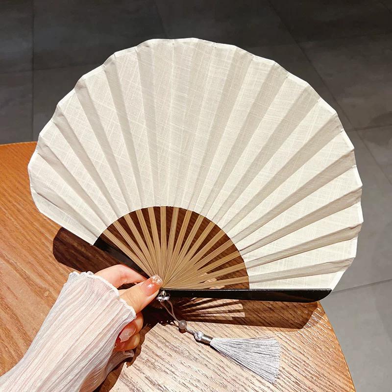 Pure Color Shell Fan Chinese Ancient Style Cotton and Linen Fan Minimalist Fresh Folding Fan Retro Portable Female for Cheongsam Summer Cool Fan